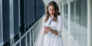 Young woman doctor with stethoscope at hospital